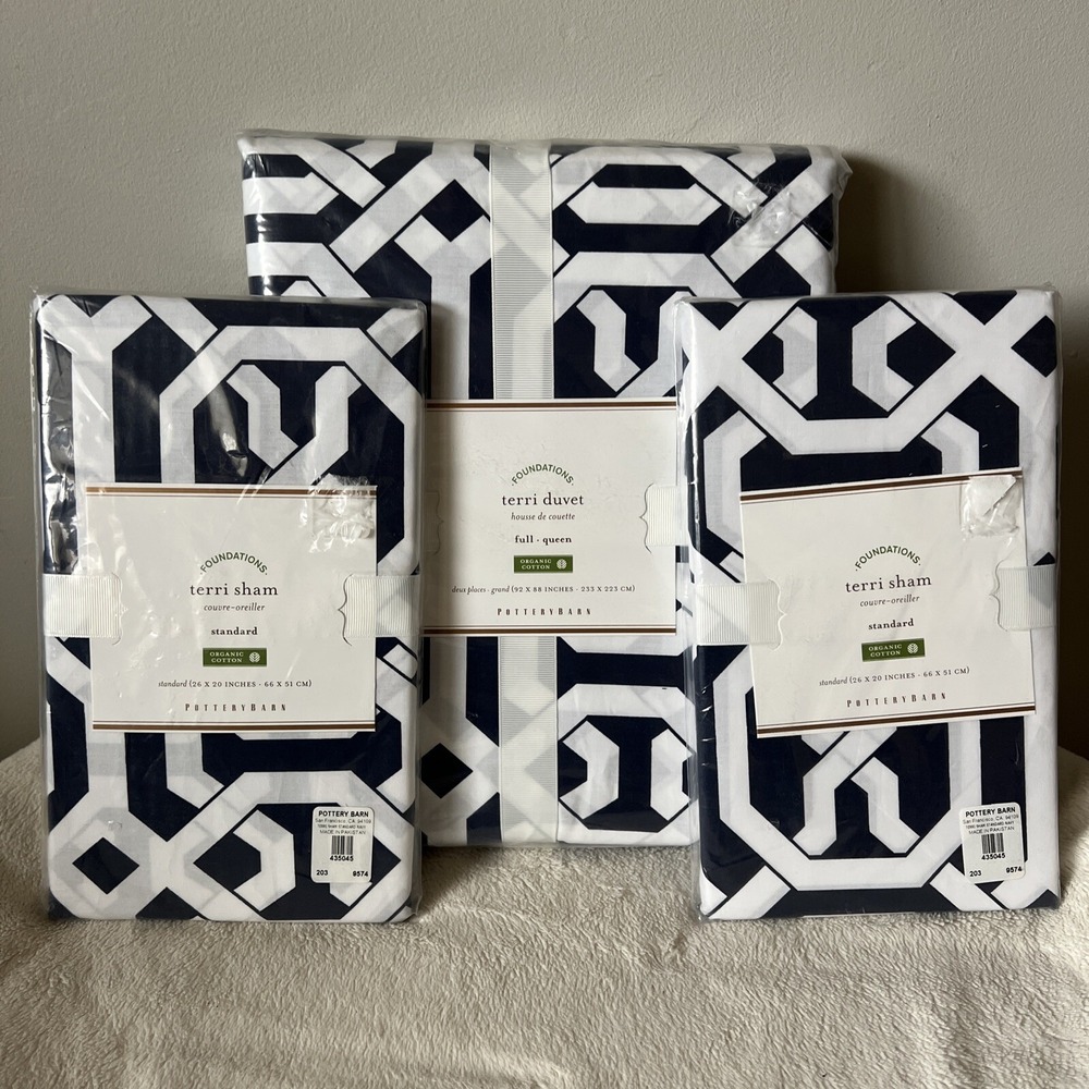 Pottery Barn TERRI Full Queen Duvet Cover + Shams Set NAVY BLUE trellis Modern